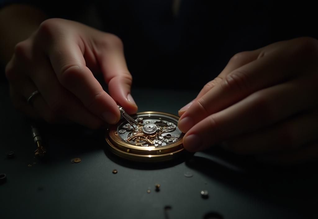 Close-up of a craftsman's hands meticulously assembling a watch movement, symbolizing precision and dedication to quality.