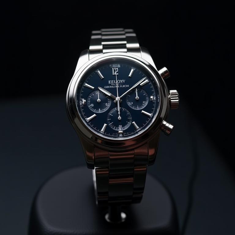 A sleek silver Executive Chronograph watch with a deep navy dial, ideal for business and formal attire.