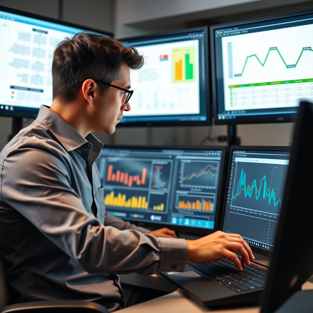 Professional business analyst reviewing workflow diagrams and process charts on multiple monitors, showing data visualization and optimization metrics