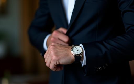 Man in a sharp suit adjusting his watch, demonstrating how to style a timepiece for business or formal events.