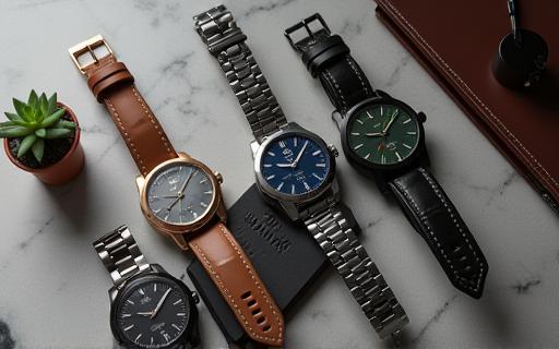 A collection of modern watches displayed on a stylish surface, representing current trends in men's timepieces.