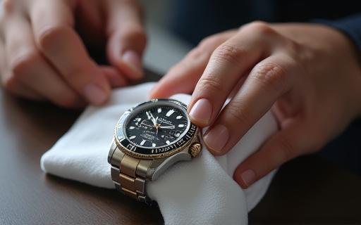 Close-up of a hand gently cleaning a watch, demonstrating proper care techniques.